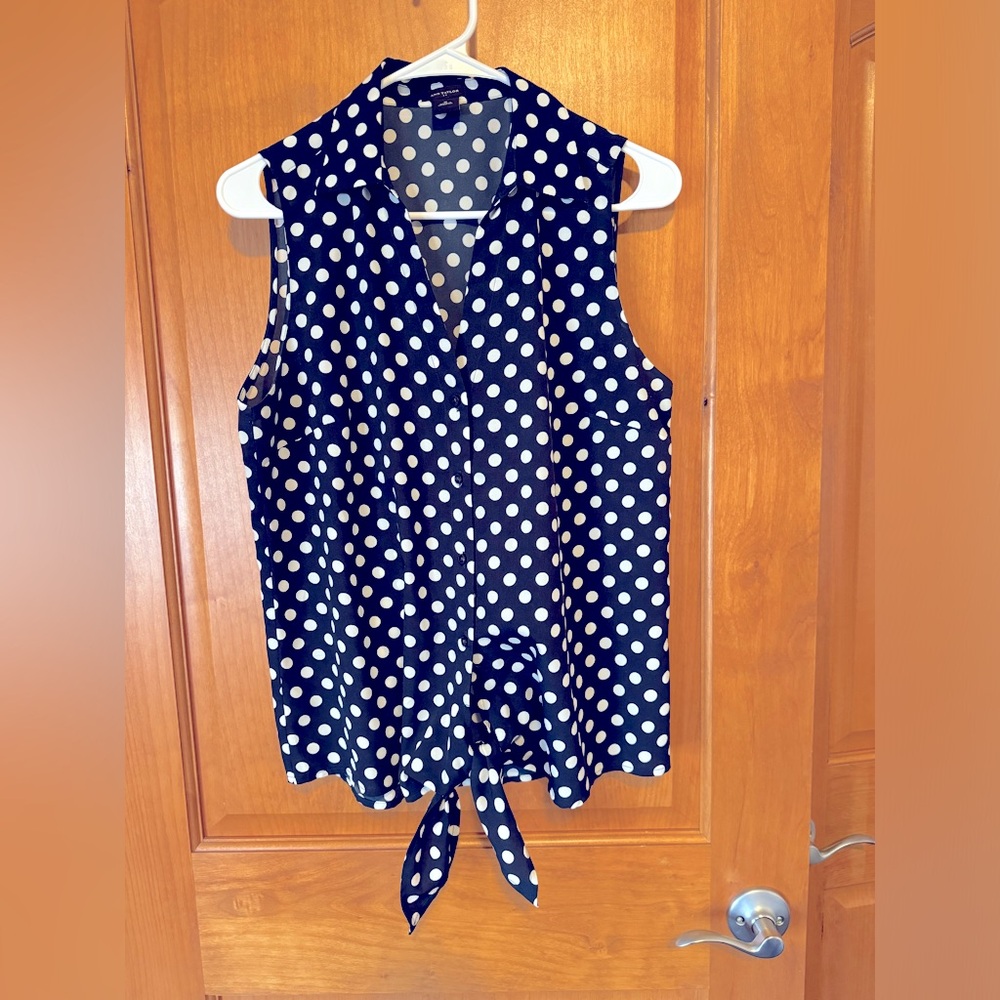 Ann Taylor sleeveless blue and white polka dot blouse.